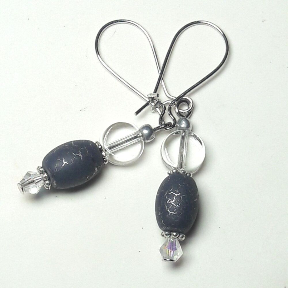 Gray Glass Stainless Steel Semi-hoops Hidden Meaning earrings Laced Up , P  474■